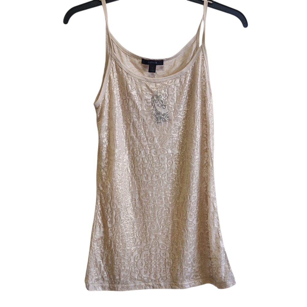 Y2K Express Beige Light Gray Lace-Pattern Tank Tops Sheer Glitter Large Dainty